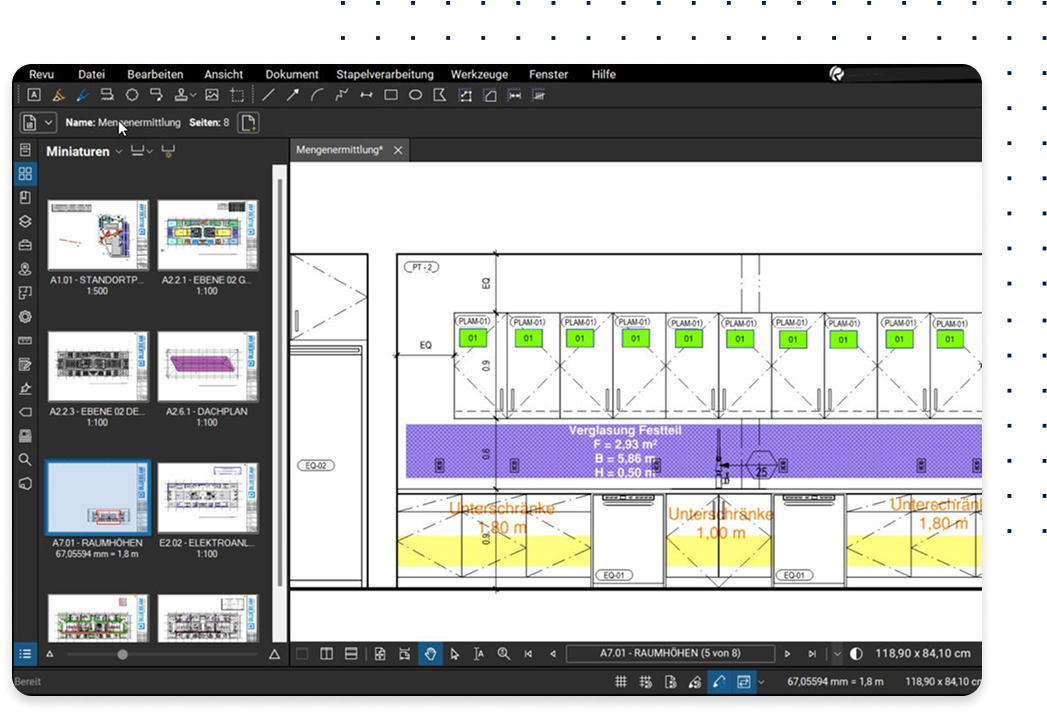 Screenshot of Revu markups and page thumbnails